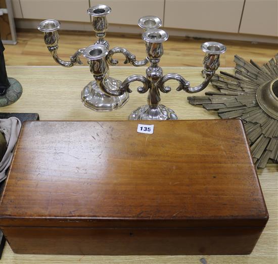 A pair of plated candelabra and a wooden box candelabra height 26cm width 32cm